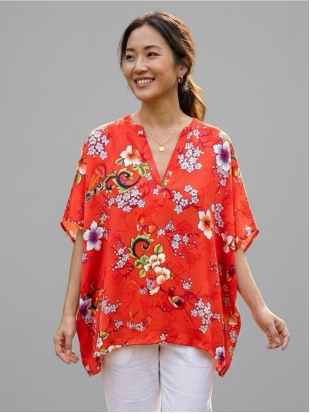 N Natori Red Printed Short Kaftan Tunic Top Size XL